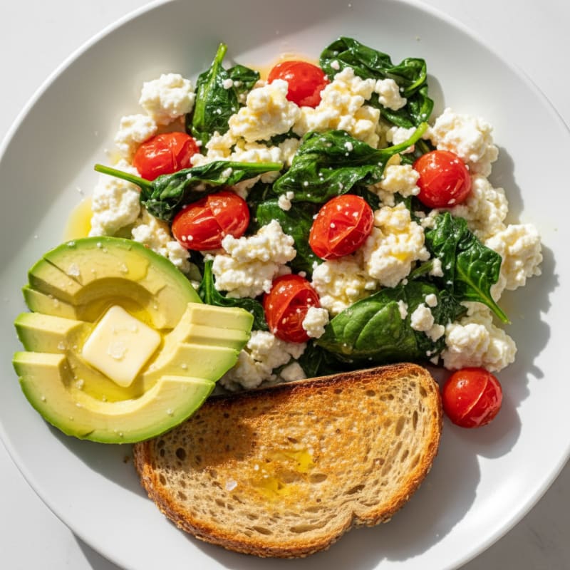 Cottage Cheese Egg White Scramble with Spinach and Cherry Tomatoes