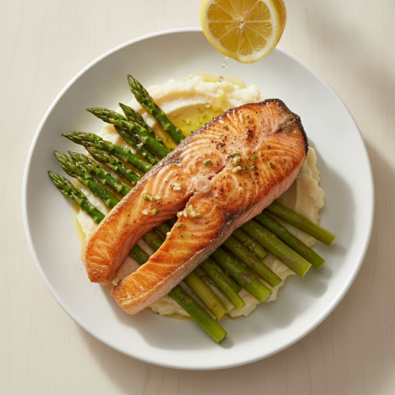 Seared Salmon Fillet with Steamed Asparagus and Cauliflower Mash