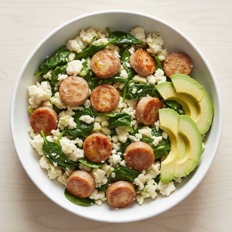 Egg White and Chicken Sausage Scramble with Spinach