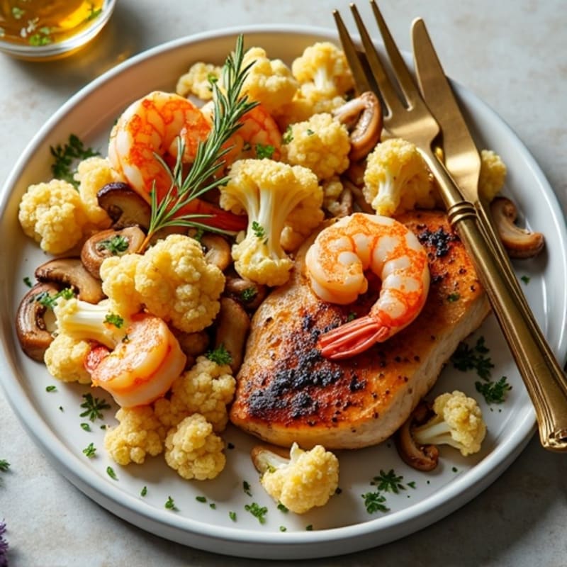 Sheet Pan Garlic Herb Chicken and Shrimp with Roasted Cauliflower and Mushrooms