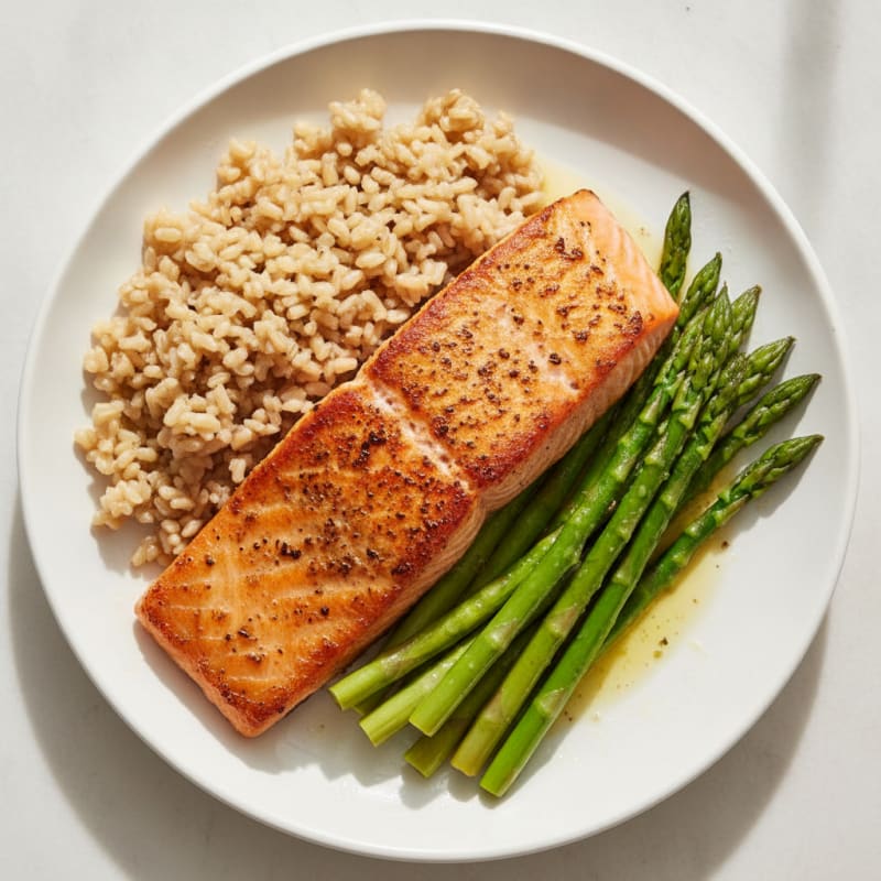 Seared Salmon with Steamed Asparagus and Brown Rice