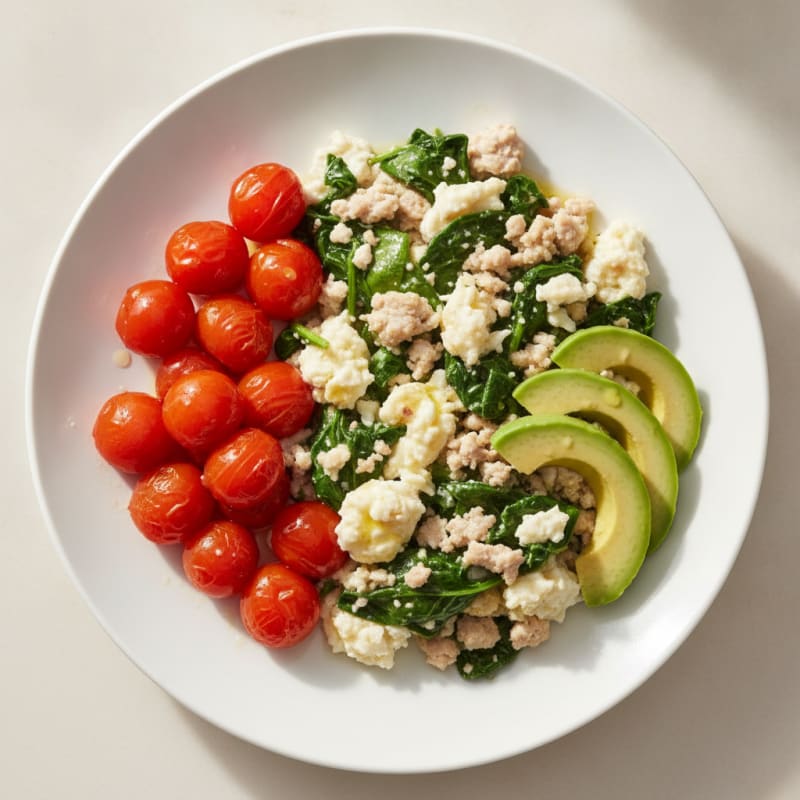 Egg White and Turkey Spinach Scramble with Roasted Tomatoes