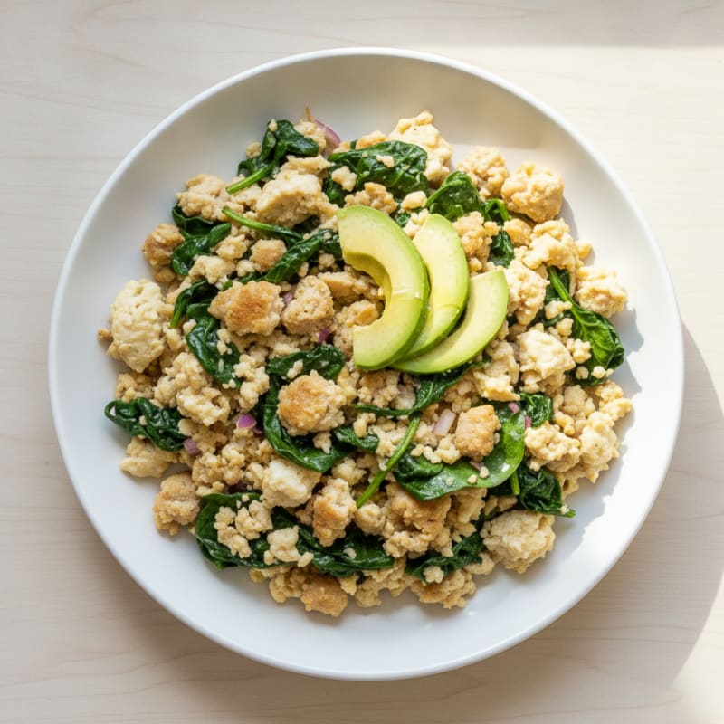 Egg White Scramble with Turkey Sausage and Sautéed Spinach