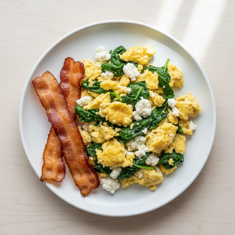 Cottage Cheese Egg Scramble with Spinach and Turkey Bacon