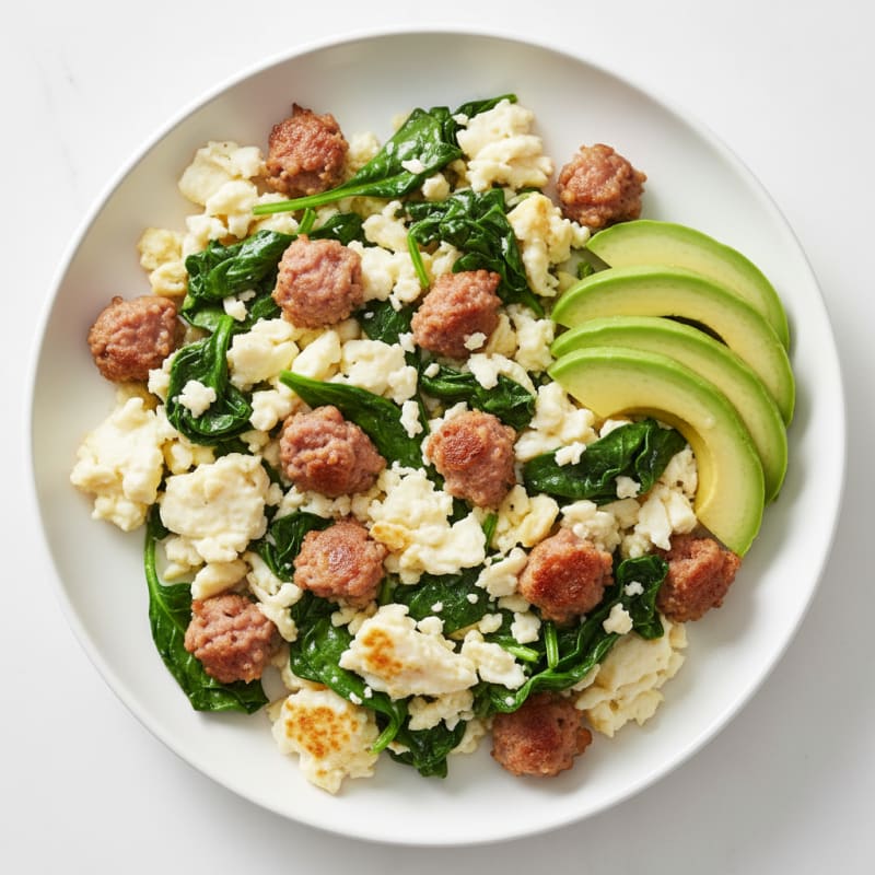 Scrambled Egg Whites with Turkey Sausage and Sautéed Spinach