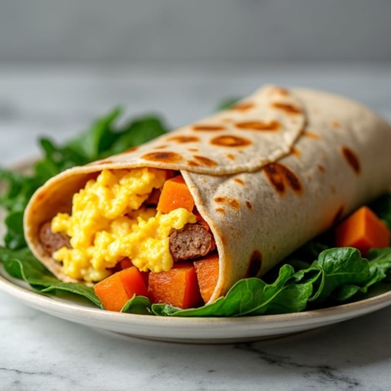 High-Protein Scrambled Egg and Lean Turkey Sausage Burrito with Roasted Sweet Potatoes and Fresh Spinach