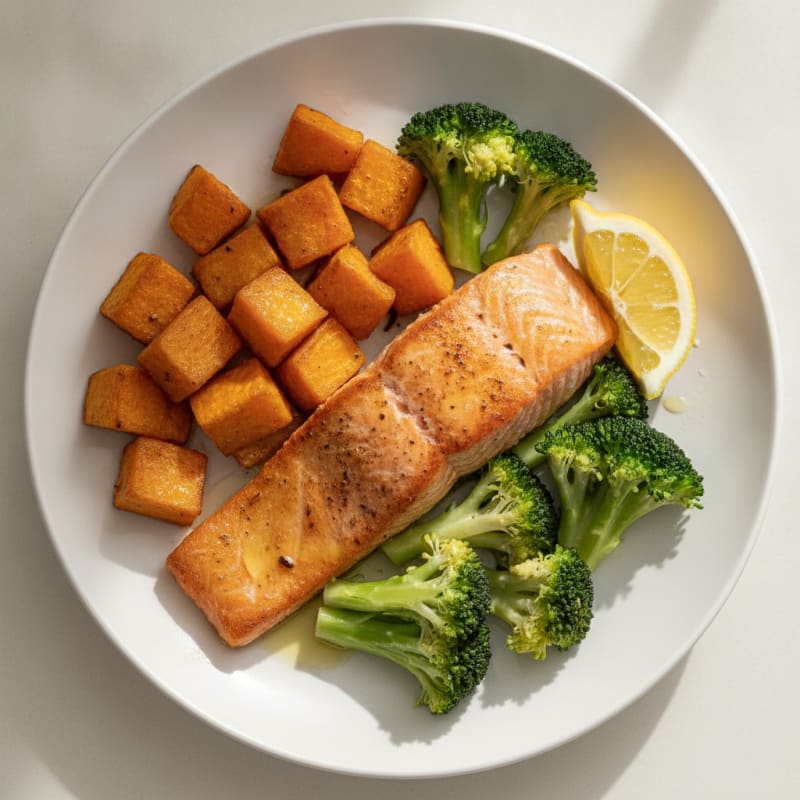 Seared Salmon with Roasted Sweet Potato and Steamed Broccoli