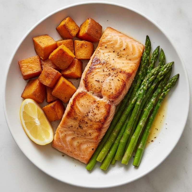 Seared Salmon Fillet with Roasted Sweet Potato and Asparagus