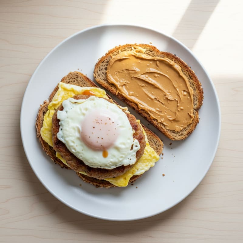 Egg and Turkey Sausage Breakfast Sandwich with Peanut Butter Toast