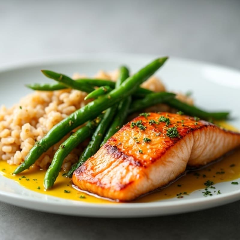 Seared Salmon Fillet with Garlicky Green Beans and Brown Rice