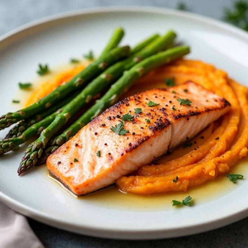 Seared Salmon with Roasted Asparagus and Sweet Potato Mash