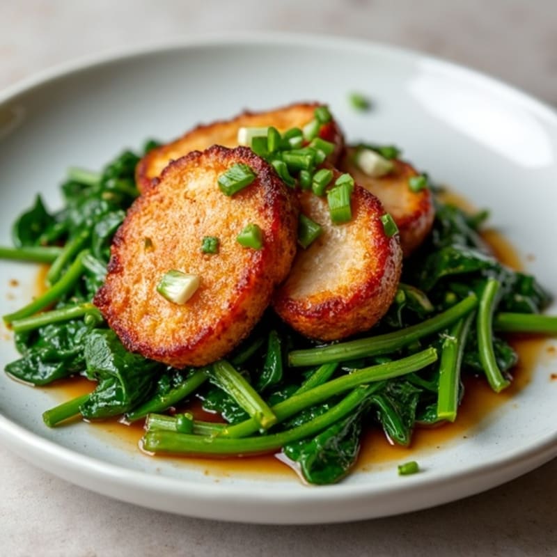 Crispy Garlic-Ginger Braised Pork with Asian Greens