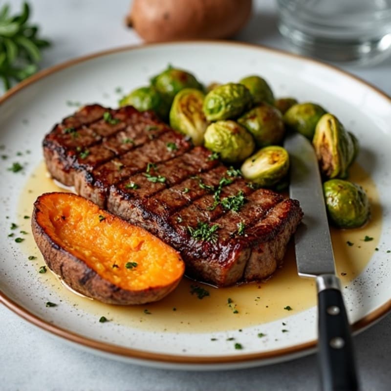 Pan-Seared Steak with Crispy Roasted Brussels Sprouts and Sweet Potato