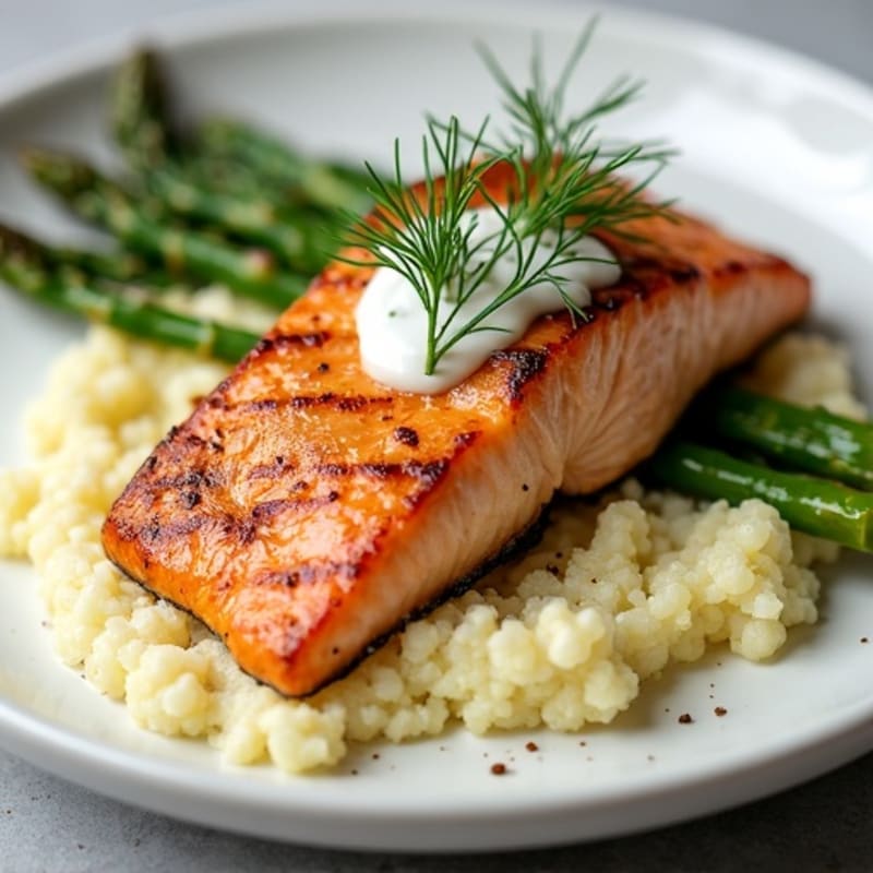 Seared Salmon with Roasted Asparagus and Cauliflower Mash