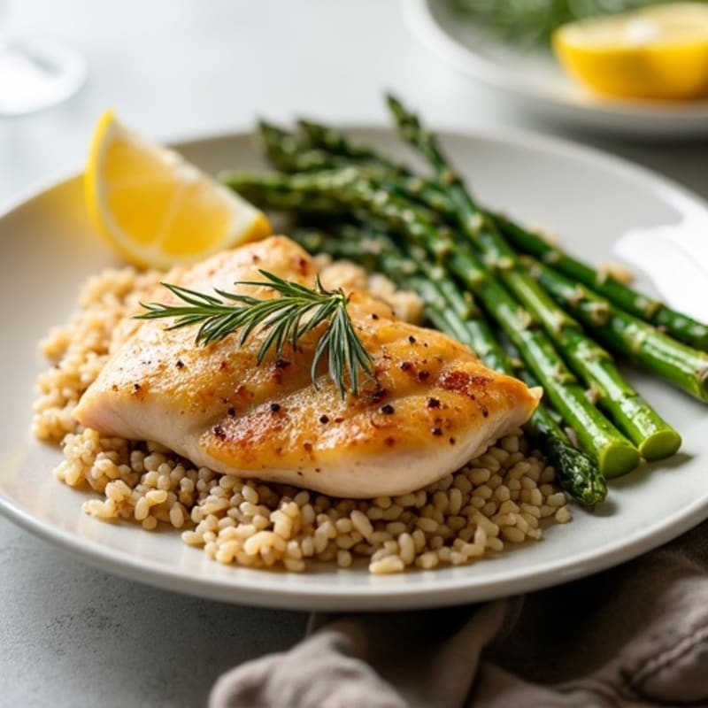 Lemon Herb Roasted Chicken with Fluffy Brown Rice and Crispy Roasted Asparagus