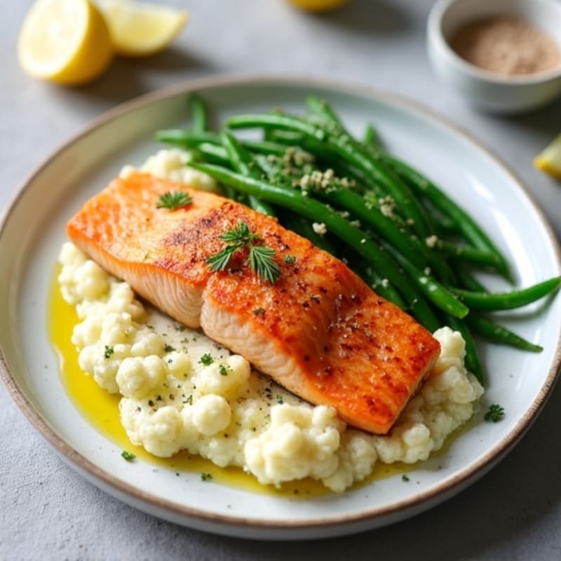 Seared Salmon with Steamed Green Beans and Garlic Mashed Cauliflower
