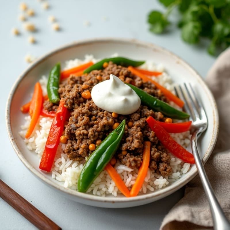 Beef Mince Stir-Fry with Crunchy Vegetables and Jasmine Rice