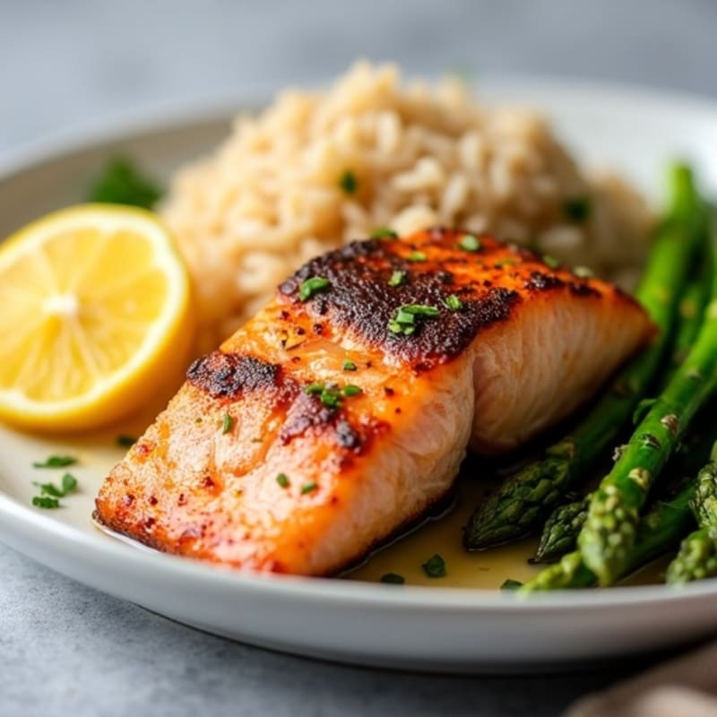 Seared Salmon with Steamed Asparagus and Brown Rice