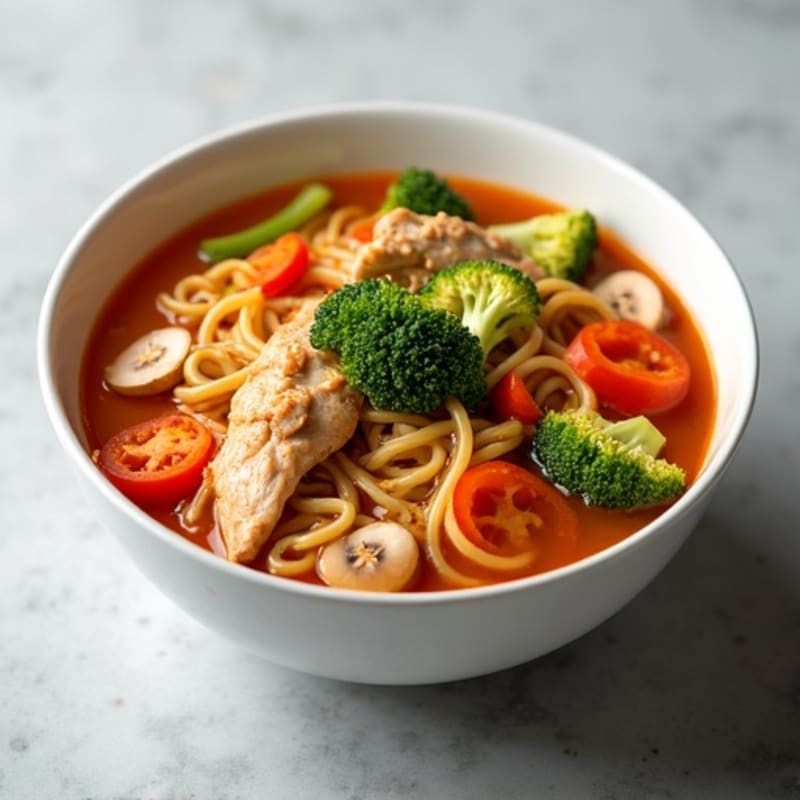Spicy Sriracha Chicken and Veggie Shirataki Noodle Soup