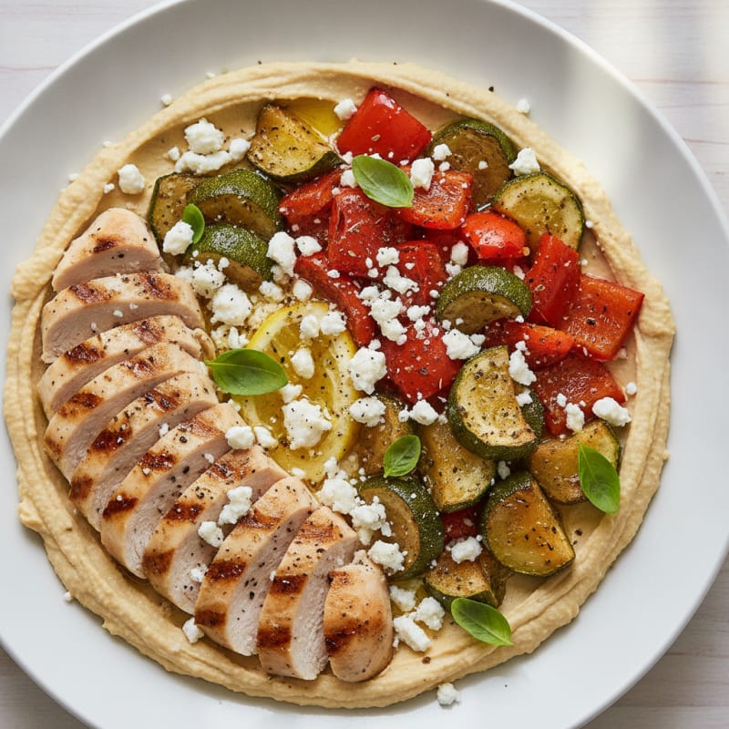 Mediterranean Hummus Platter with Roasted Vegetables and Grilled Chicken