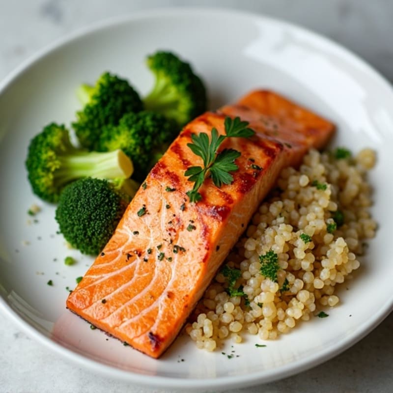 Seared Salmon Fillet with Roasted Broccoli and Herbed Quinoa