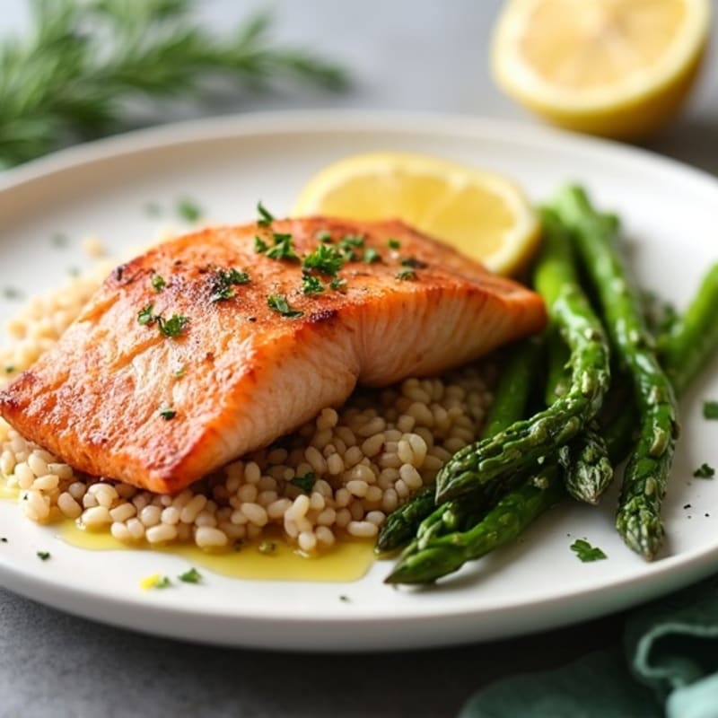 Seared Salmon Fillet with Steamed Asparagus and Brown Rice