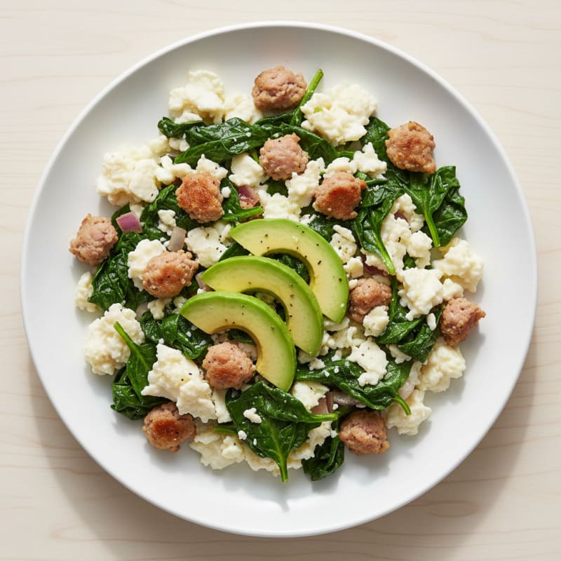 Egg White and Turkey Sausage Scramble with Sautéed Spinach