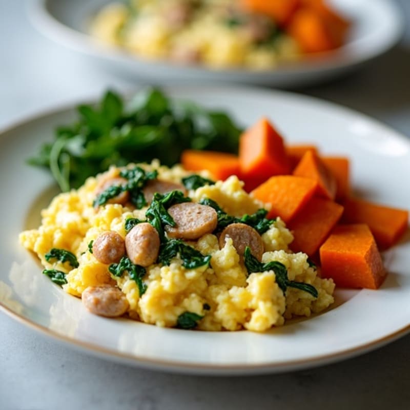 Egg White and Turkey Sausage Scramble with Sautéed Spinach and Roasted Sweet Potato