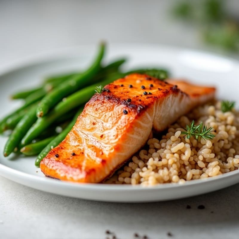 Seared Salmon with Steamed Green Beans and Brown Rice