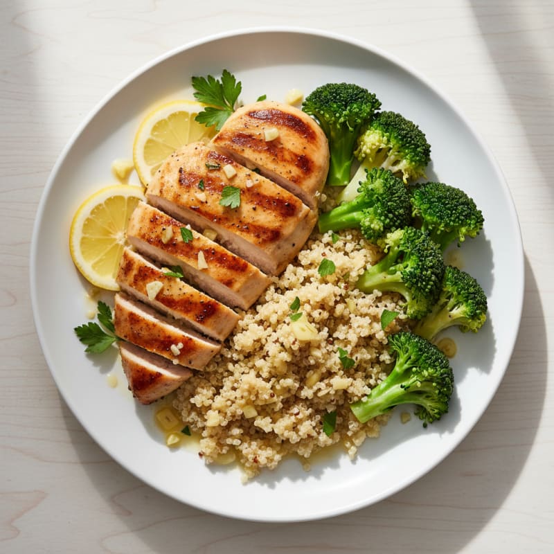 Grilled Lemon Garlic Chicken Breast with Quinoa and Steamed Broccoli