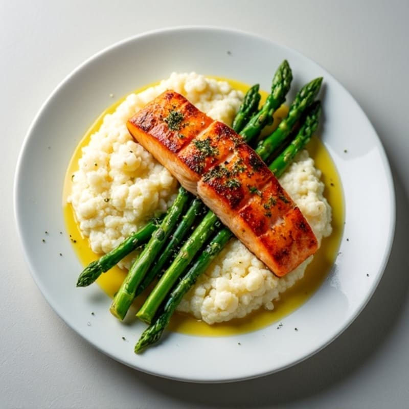 Seared Salmon with Roasted Asparagus and Cauliflower Mash