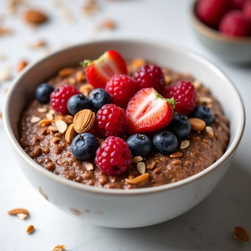 Creamy Chocolate Protein Oatmeal with Mixed Berries and Toasted Almonds
