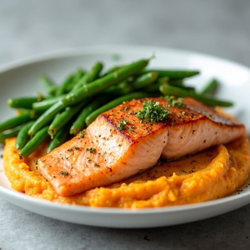 Seared Salmon with Steamed Green Beans and Sweet Potato Mash