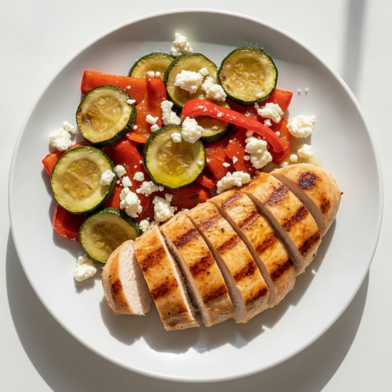 Grilled Chicken Breast with Roasted Veggies and Feta