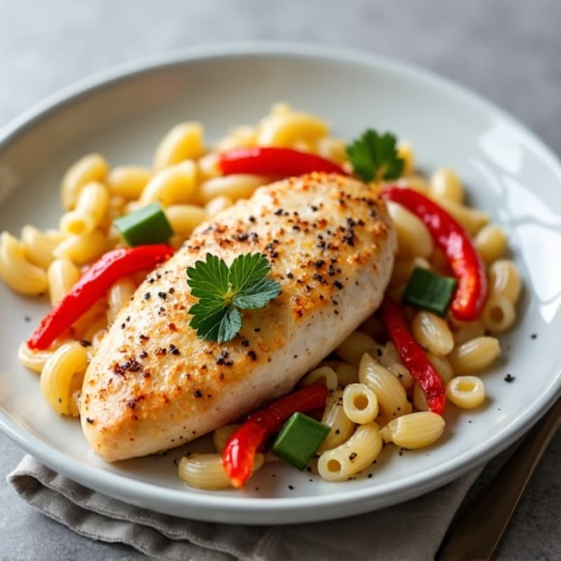 Creamy Spicy Pan-Seared Chicken with Bell Peppers and Pasta