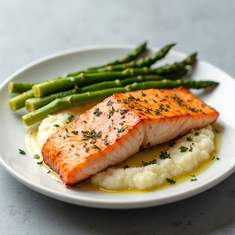 Seared Salmon with Garlic Asparagus and Cauliflower Mash