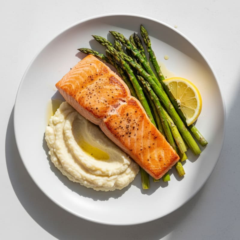 Seared Salmon Fillet with Roasted Asparagus and Cauliflower Mash