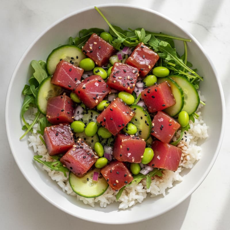 Tuna Poke Bowl with Edamame and Arugula