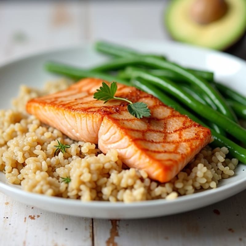 Seared Salmon with Steamed Brown Rice and Garlic Green Beans
