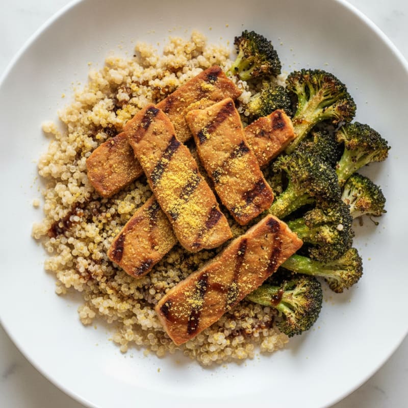 Grilled Tempeh Power Bowl with Quinoa and Roasted Broccoli
