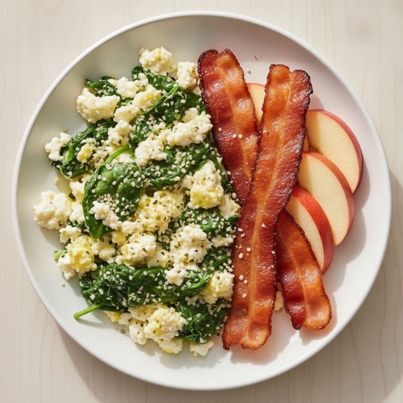 Cottage Cheese Scramble with Spinach and Turkey Bacon