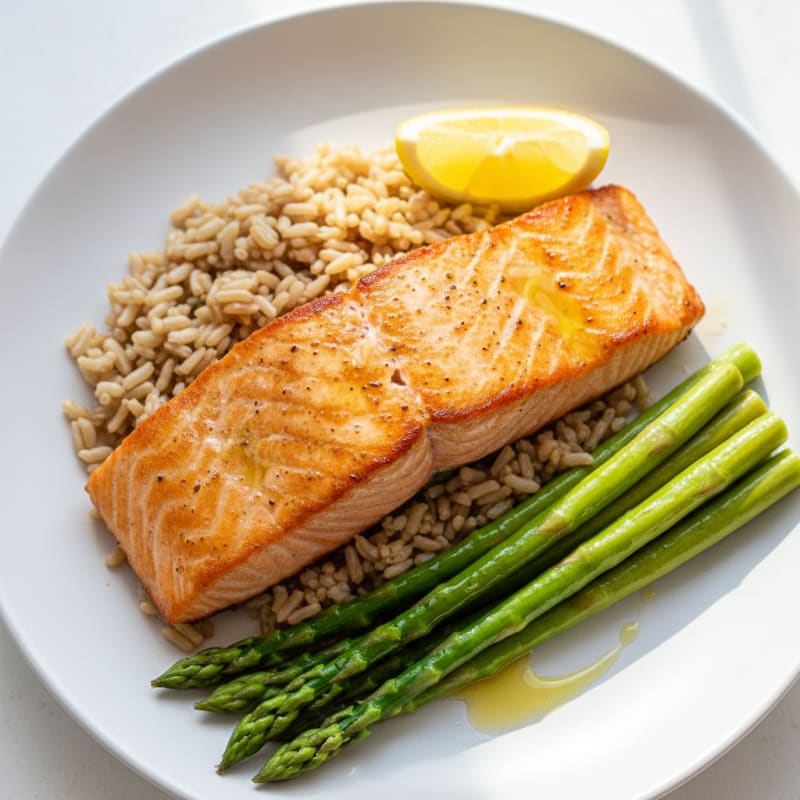 Seared Salmon with Steamed Asparagus and Brown Rice