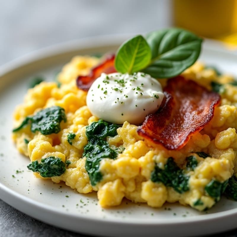Egg White and Spinach Scramble with Cottage Cheese and Turkey Bacon