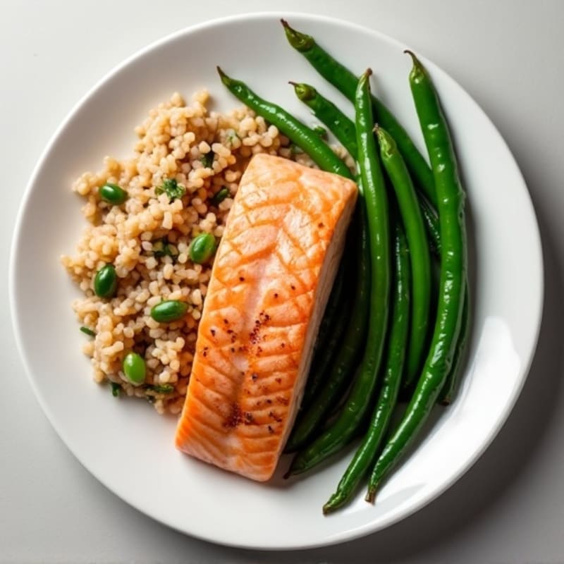 Seared Salmon Fillet with Steamed Green Beans and Brown Rice