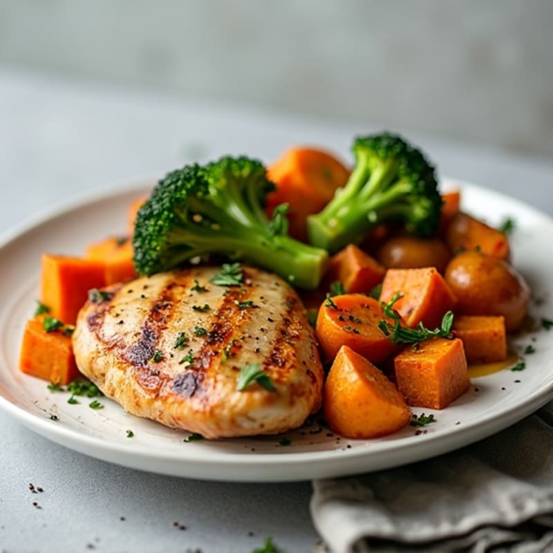 Roasted Chicken with Crispy Sweet Potatoes and Broccoli