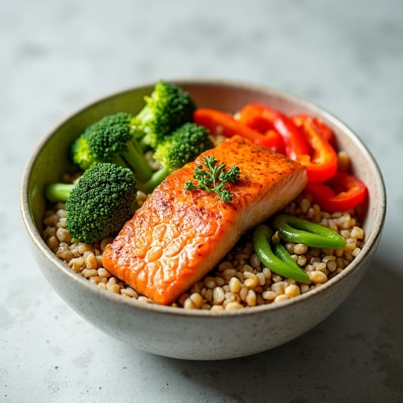 Fresh Salmon and Crispy Vegetable Rice Bowl