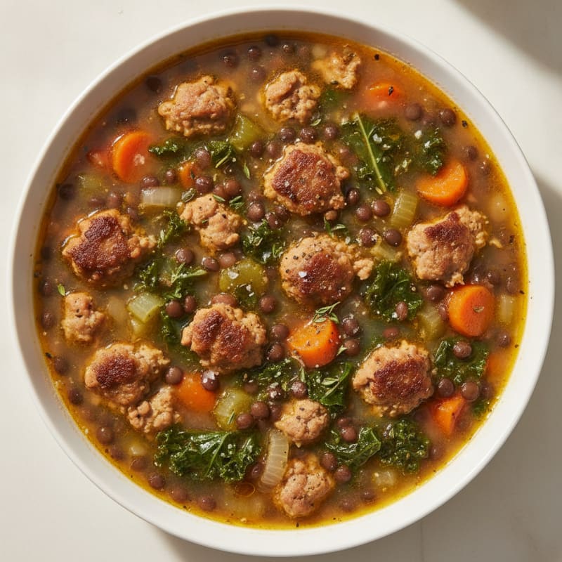 Hearty Sausage & Black Lentil Soup