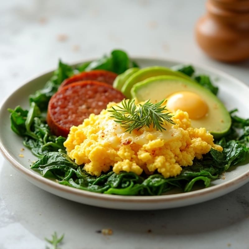 Fluffy Egg Scramble with Sautéed Greens and Avocado