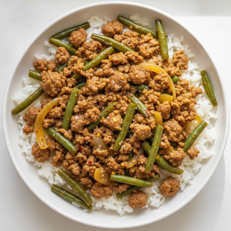Garlic Beef and Green Bean Rice Bowl