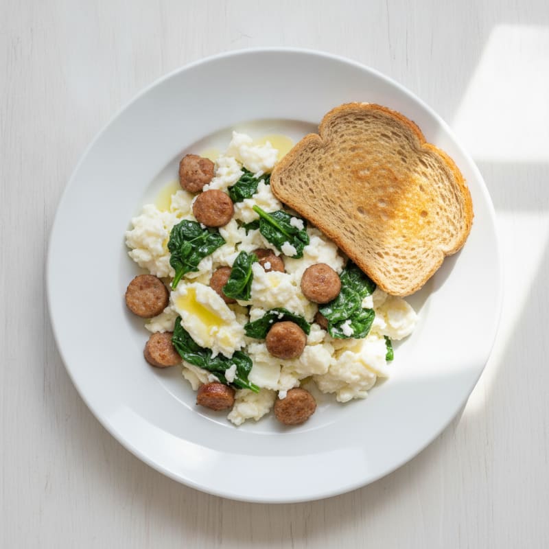 Egg White Scramble with Turkey Sausage and Sautéed Spinach